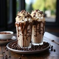 Two glasses of coffee frappe with whipped cream and chocolate on wooden table