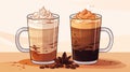 two glasses of coffee with whipped cream and coffee beans Royalty Free Stock Photo