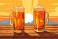 two glasses cold beer on wooden table