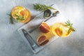 Two glasses of cold lemonade of fresh grapefruit juice, alcohol and ice cubes decorated slice citrus and twig rosemary Royalty Free Stock Photo