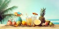 Two glasses with cold refreshing summer drinks. Ice lemonade and tropical exotic fruits on beach on sky and palm leaf background.