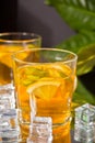 Two glasses of cold refreshment tea with ice and lemon fruit