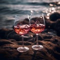 Two glasses of cold rose wine with ice on sandy beach on a sunny day, close up. Holiday concept. Hot summer time at the sea shore Royalty Free Stock Photo