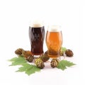 Two glasses of delicious fresh light and dark beer, hop cones and leaves isolated on white background close-up, Royalty Free Stock Photo