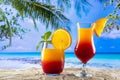 Two glasses with a drink sex on the beach on the sand and a beach paradise Royalty Free Stock Photo