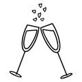 Two glasses with drink vector illustration. Celebrating with champagne. Party icon. Couple of glasses with hearts hand drawn