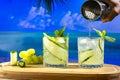 two cocktail glasses on a wooden board, decorated with cucumber, grapes, mint, image of a beach paradise in the background Royalty Free Stock Photo