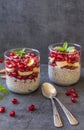 Almond milk chia seeds pudding, pomegranate seeds, banana slices & fresh mint leaves against dark background Royalty Free Stock Photo