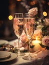 Two glasses filled with champagne and rose petals, romantic celebration. Royalty Free Stock Photo