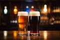 Two glasses with fresh light and dark craft foamy beer. Generative AI