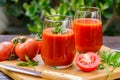 Two glasses of fresh tomato juice and tomatoes on a wooden cutting board on green nature background. Royalty Free Stock Photo