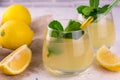 Two glasses of freshly squeezed lemon juice with a mint branch on a white background. Royalty Free Stock Photo