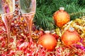 Two glasses with gold Xmas decorations and tree 8 Royalty Free Stock Photo