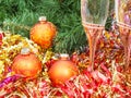 Two glasses with gold Xmas decorations and tree 9 Royalty Free Stock Photo