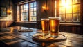 Two glasses of golden ale resting on a wooden coaster on a rustic table in a sunlit pub. Generative AI Royalty Free Stock Photo