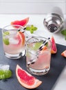 Two glasses of grapefruit cocktail with mint close-up