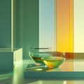 Two glasses of green liquid on a table with sunlight behind, AI