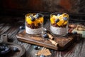 Healthy layered dessert white chia seeds pudding, chocolate granola, mango, blueberries Royalty Free Stock Photo