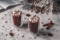 Two glasses of hot cocoa with marshmallow and chocolate chips on a background of scattered cloves, chocolate, star anise and Royalty Free Stock Photo