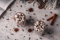 Two glasses of hot cocoa with marshmallows and chocolate chips on a background of scattered cloves, chocolate, star anise and Royalty Free Stock Photo