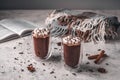 Two glasses of hot cocoa with marshmallows and chocolate chips on a background of scattered cloves, chocolate, star anise and Royalty Free Stock Photo