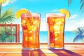 two glasses ice tea on wooden on the beach table