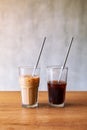 Two glasses of iced coffee with stainless steel drinking straw Royalty Free Stock Photo