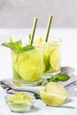 Two glasses of iced green matcha tea with lime, ice, mint, matcha powder, bamboo drinking straws on light grey Royalty Free Stock Photo