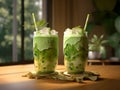 Two glasses of iced matcha green tea mixed with ice cubes and milk in high glasses on kitchen table. Cold matcha latte in home