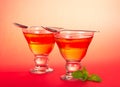 Two glasses of jelly with spearmint leaf Royalty Free Stock Photo