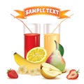 Two glasses with juice and straw, banana, strawberry and pear