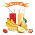 Two glasses with juice and straw, bananas, strawberry and pear