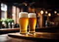 Two glasses of lager beer on bar counter in pub Royalty Free Stock Photo