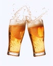 Two glasses of lager beer bumping on white background