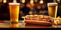 Two glasses of lager beer and hot dog on long wooden table.Macro.AI generative