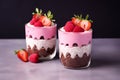 Two glasses with layered dessert with chocolate, cream and raspberry and strawberry fruits Royalty Free Stock Photo