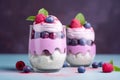 Two glasses with layered fruit and cream dessert with berry mix