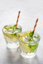 Two glasses of lemonade adorned with ice, lemon slices, and fresh mint leaves. Royalty Free Stock Photo