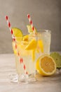 Two glasses of lemonade with lemons and lime and straw, a cool drink and summer mood, with ice