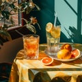 two glasses of lemonade and orange slices on a table