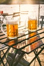 Two glasses of light beer with foam on a wooden table.On a boat. Garden party. Natural background. Alcohol. Draft beer. Landscape, Royalty Free Stock Photo