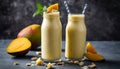 Two glasses of mango smoothie with a slice of mango on a table Royalty Free Stock Photo