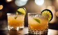 two glasses of margarita mix in a glass with ice and lime on a bar counter Royalty Free Stock Photo