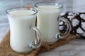 Two glasses with milk and homemade chocolate chip cookies on a gray background. Close-up. Royalty Free Stock Photo