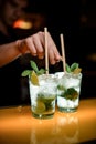 two glasses with mojito on the bar decorated with drinking straw and slice of lemon Royalty Free Stock Photo