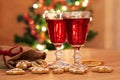 Two glasses of mulled wine with gingerbread and spices Royalty Free Stock Photo