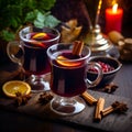 Two glasses of mulled wine on rustic wooden table. Warming drinks concept. Close up glasses filled with hot red wine cocktail with Royalty Free Stock Photo