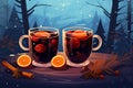 two glasses mulled wine on winter background AI generated