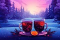 two glasses mulled wine on winter background AI generated