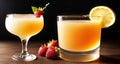 Image of two glasses of orange juice and a strawberry on a wooden table Royalty Free Stock Photo